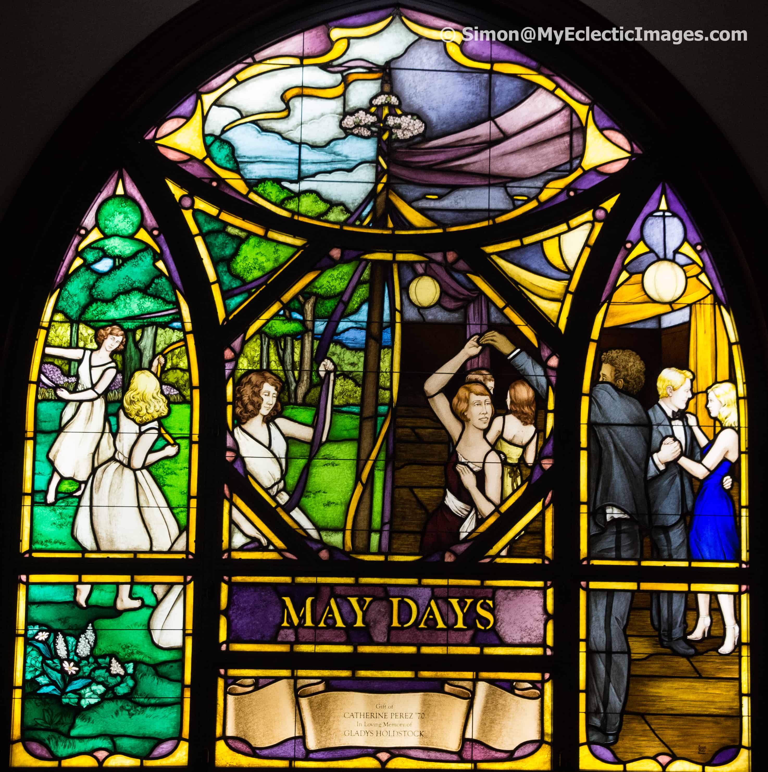 May Day celebrations in stained glass in chapel of Cowles Hall