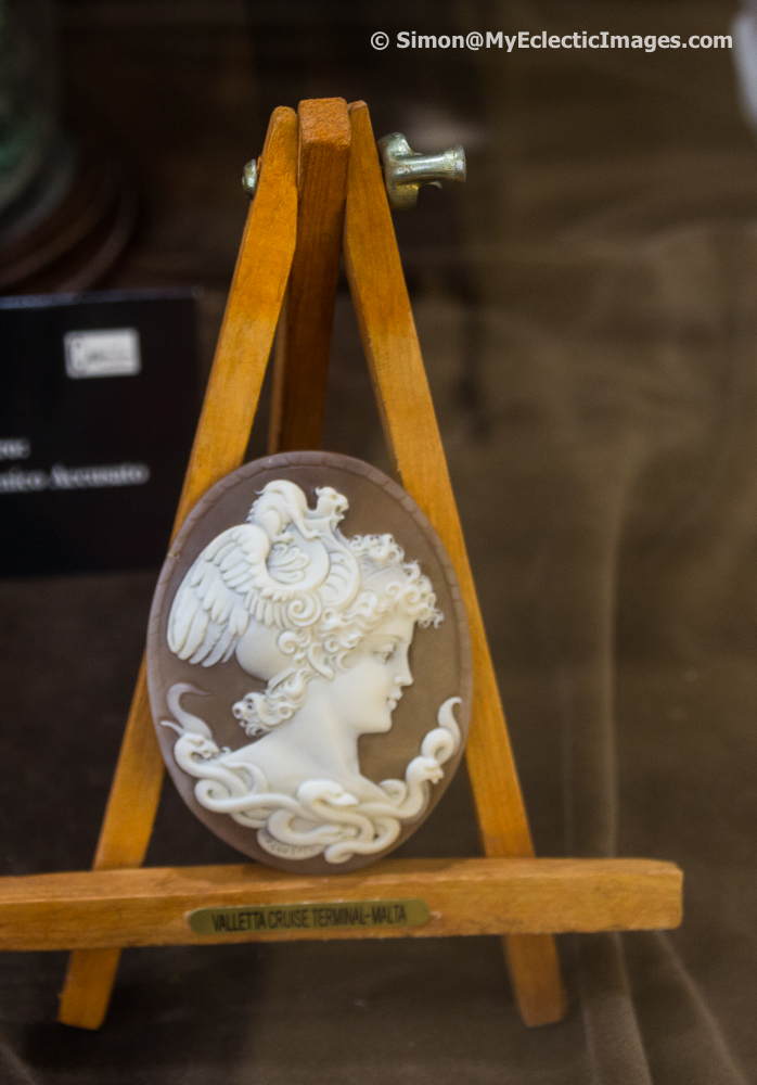 An intricately carved cameo on display in Il Piccolo Museo del Cameo