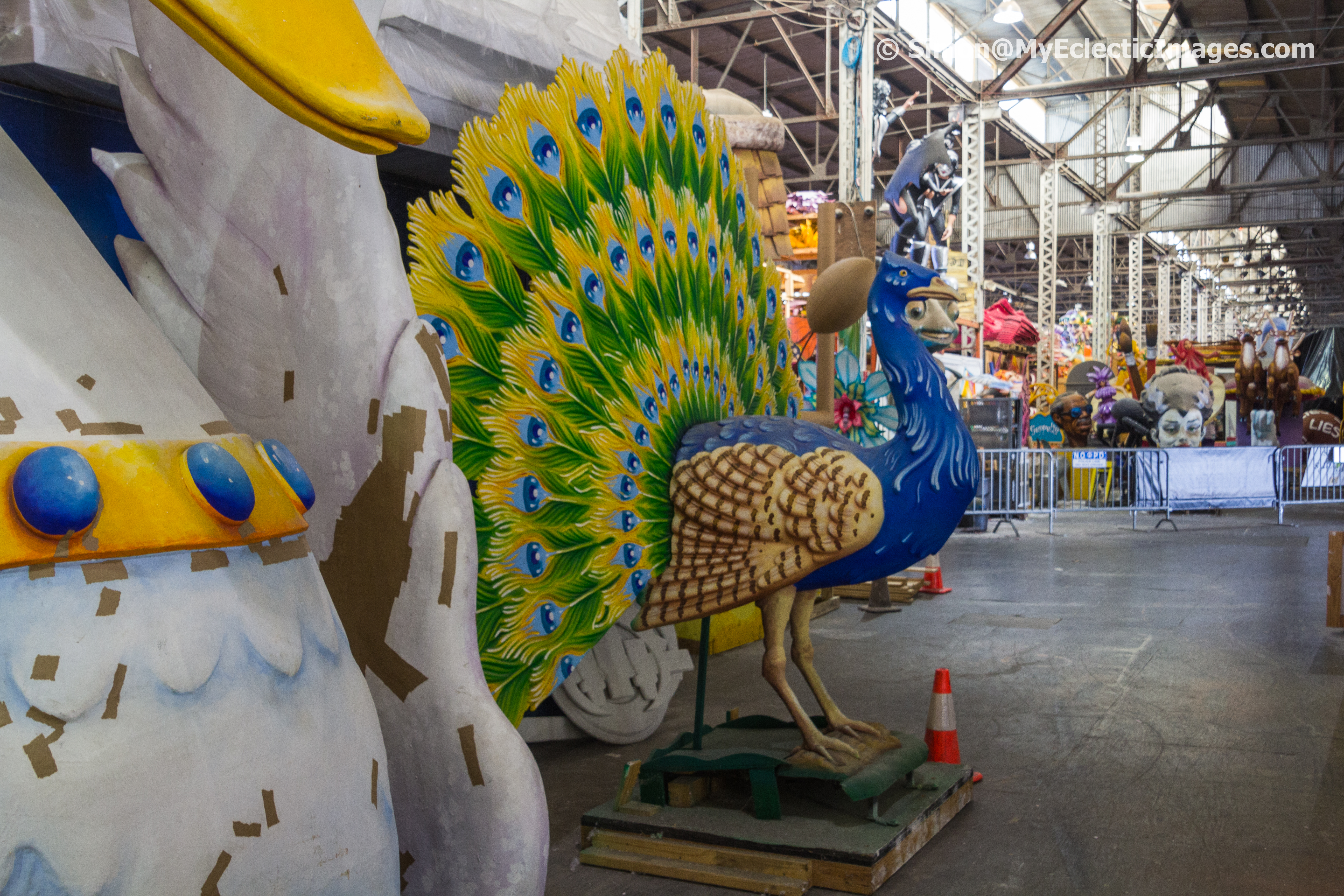 A peacock and other figures created at Mardi Gras World