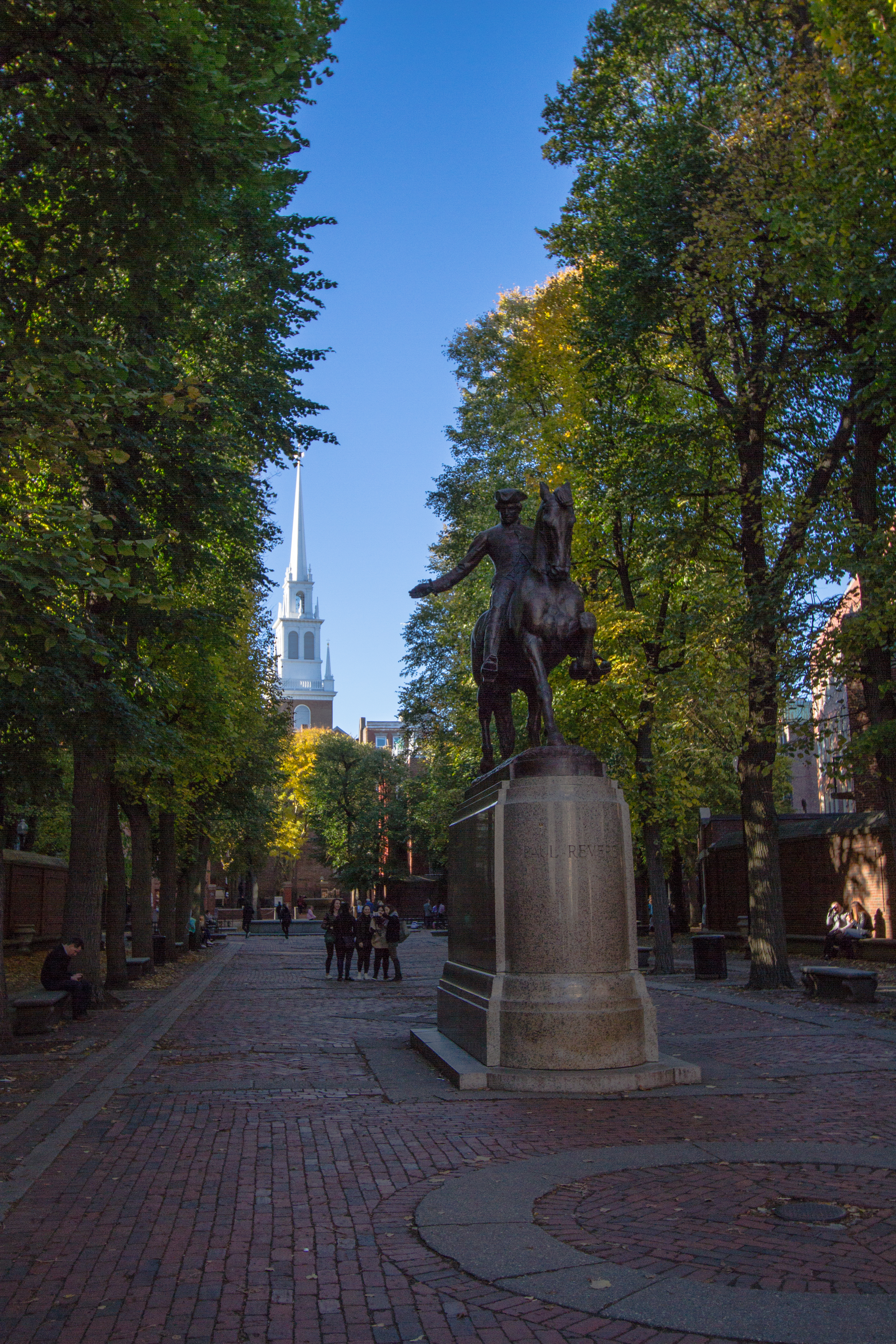 Paul Revere Statue with Old Church Steeple in background Boston History