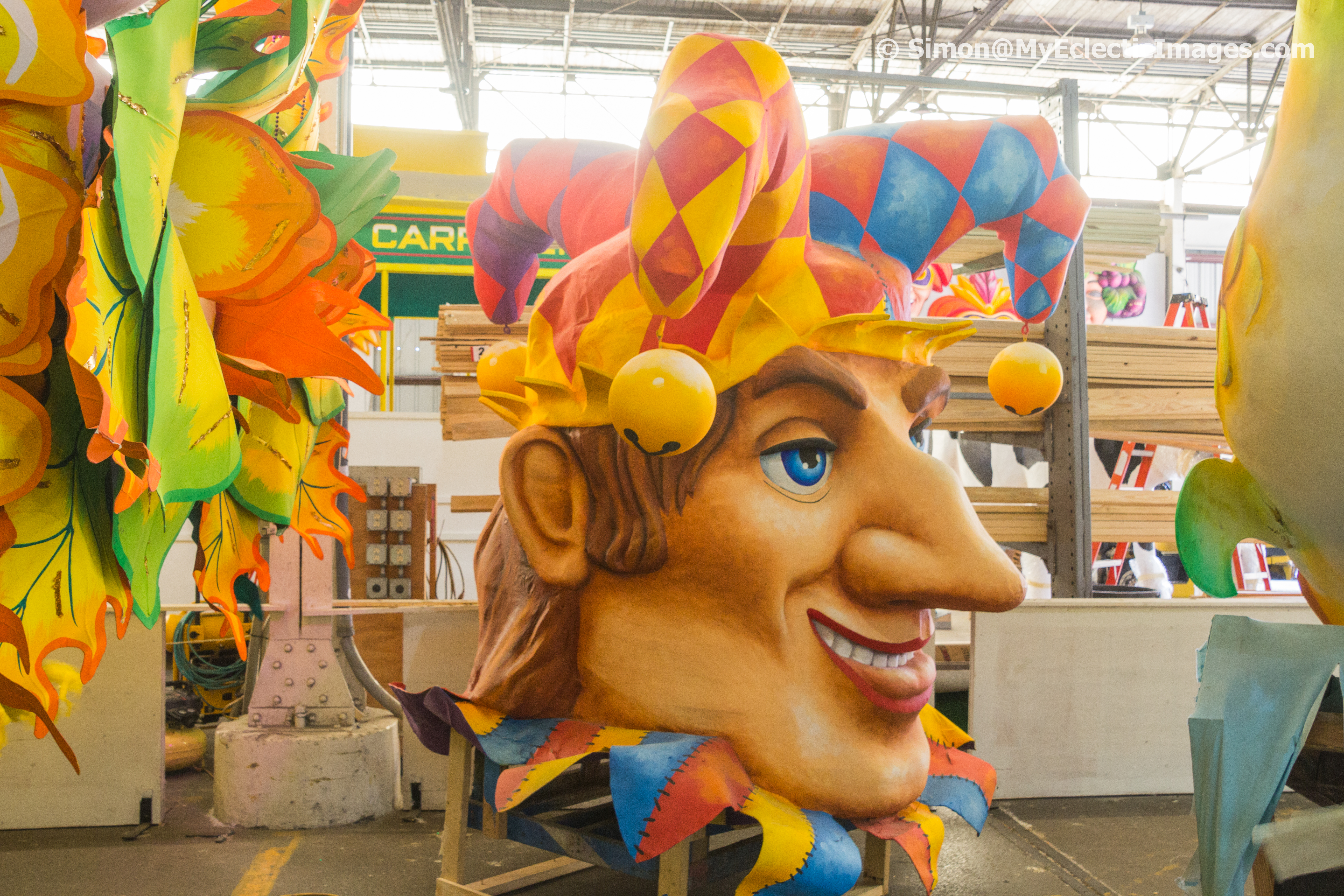 A jesters head in the Mardi Gras World warehouse.