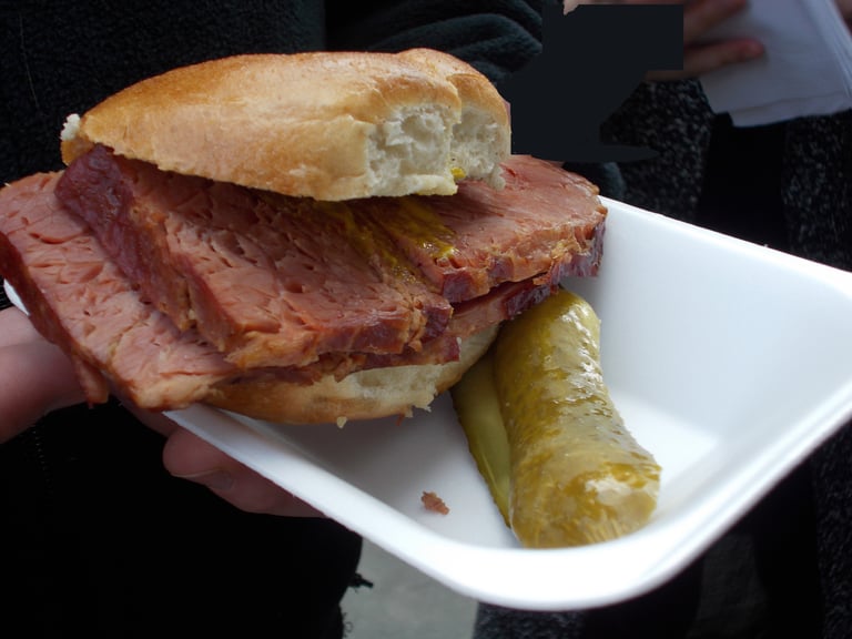 Salted beef with hot mustard and sweet gherkin on a soft beigel from Beigel Bake London