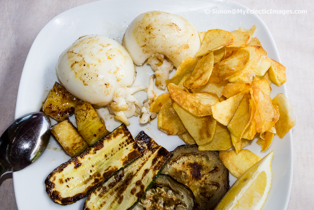 Cuttle Fish with Grilled Vegetables and Homemade Potato Chips