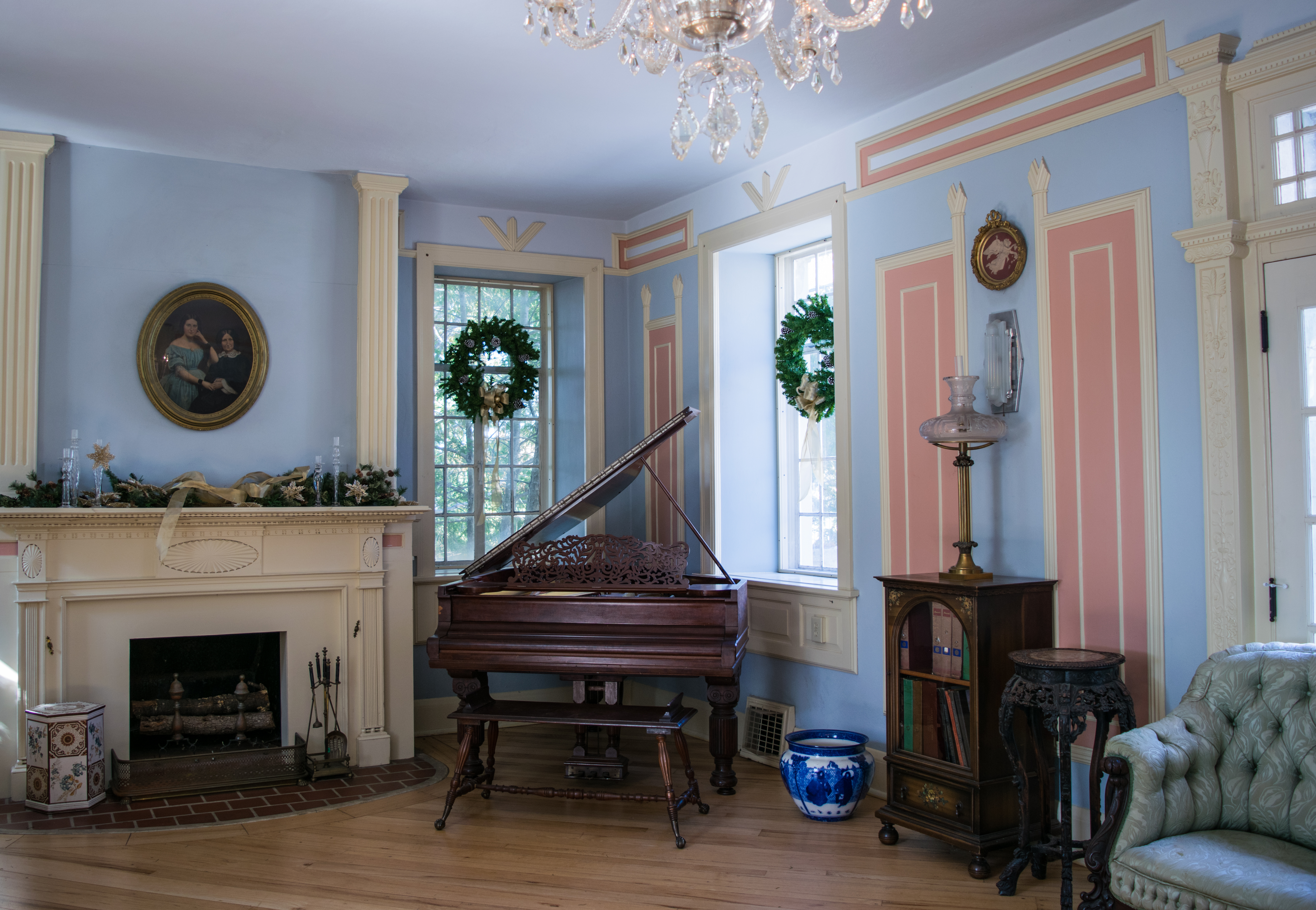 Interior of Burritt Mansion, designed in X-shape with tall windows