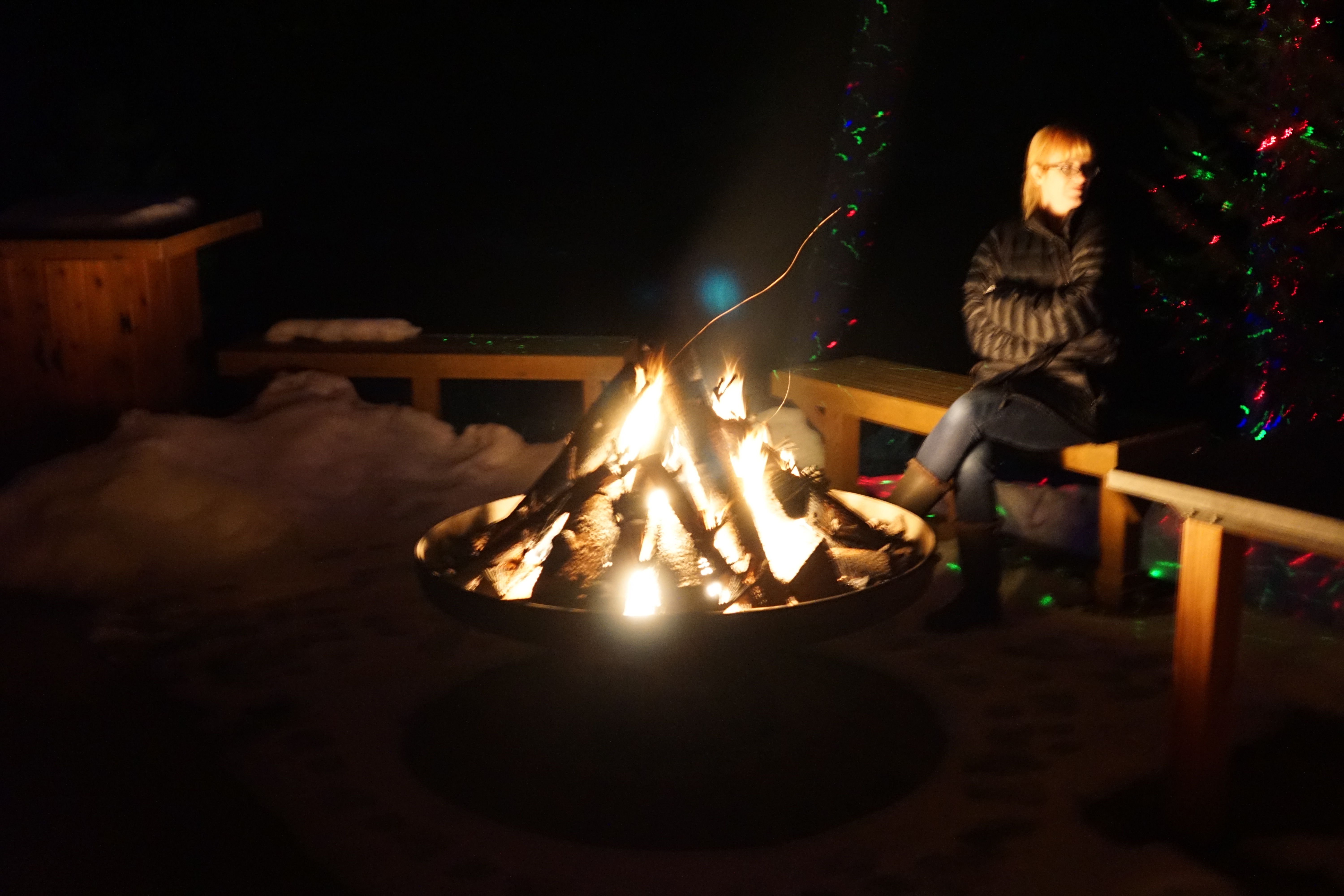 grand river lodge- enjoying the fire and lights