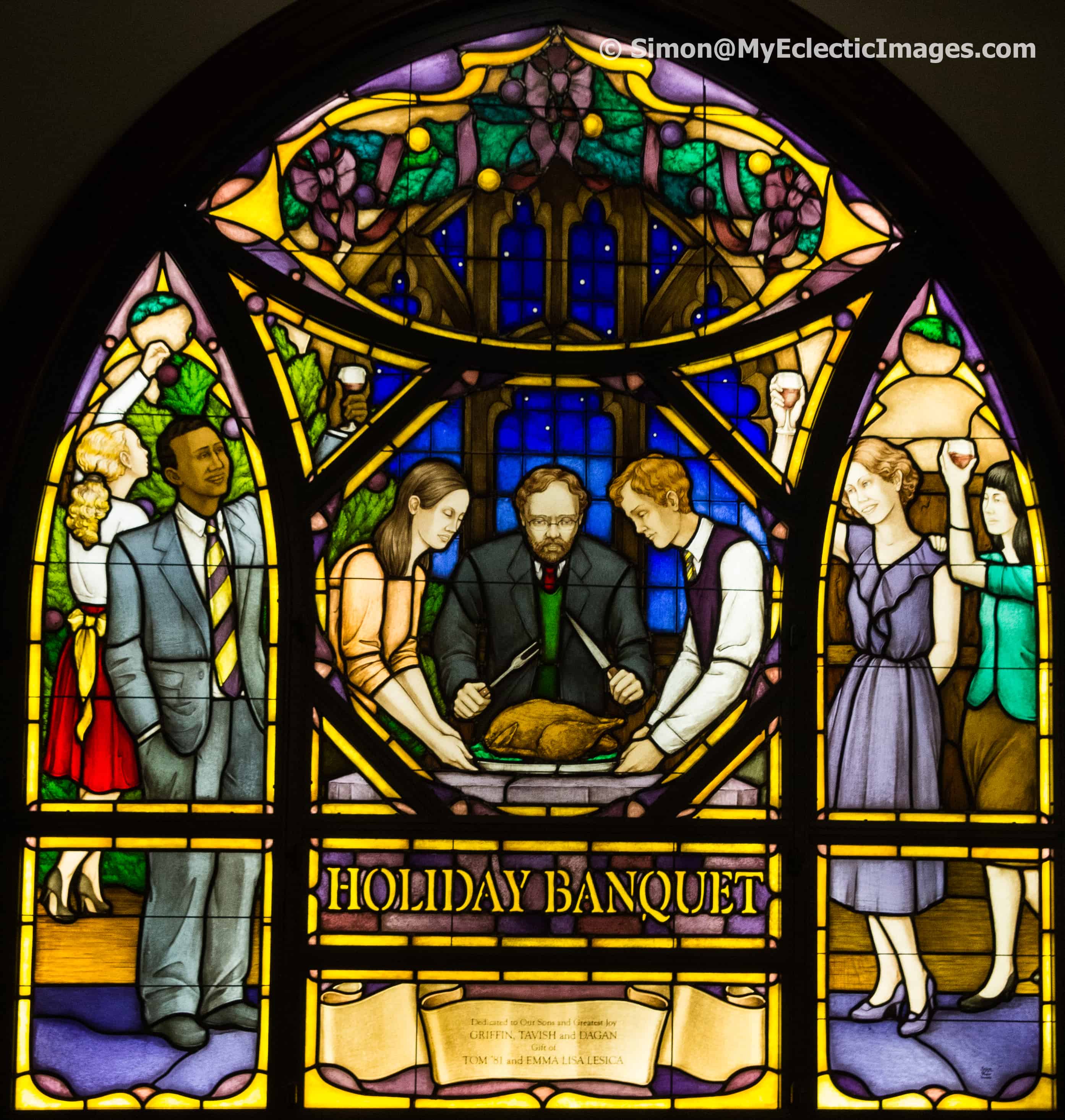 Stained glass window representing holiday banquet in chapel of Cowles Hall