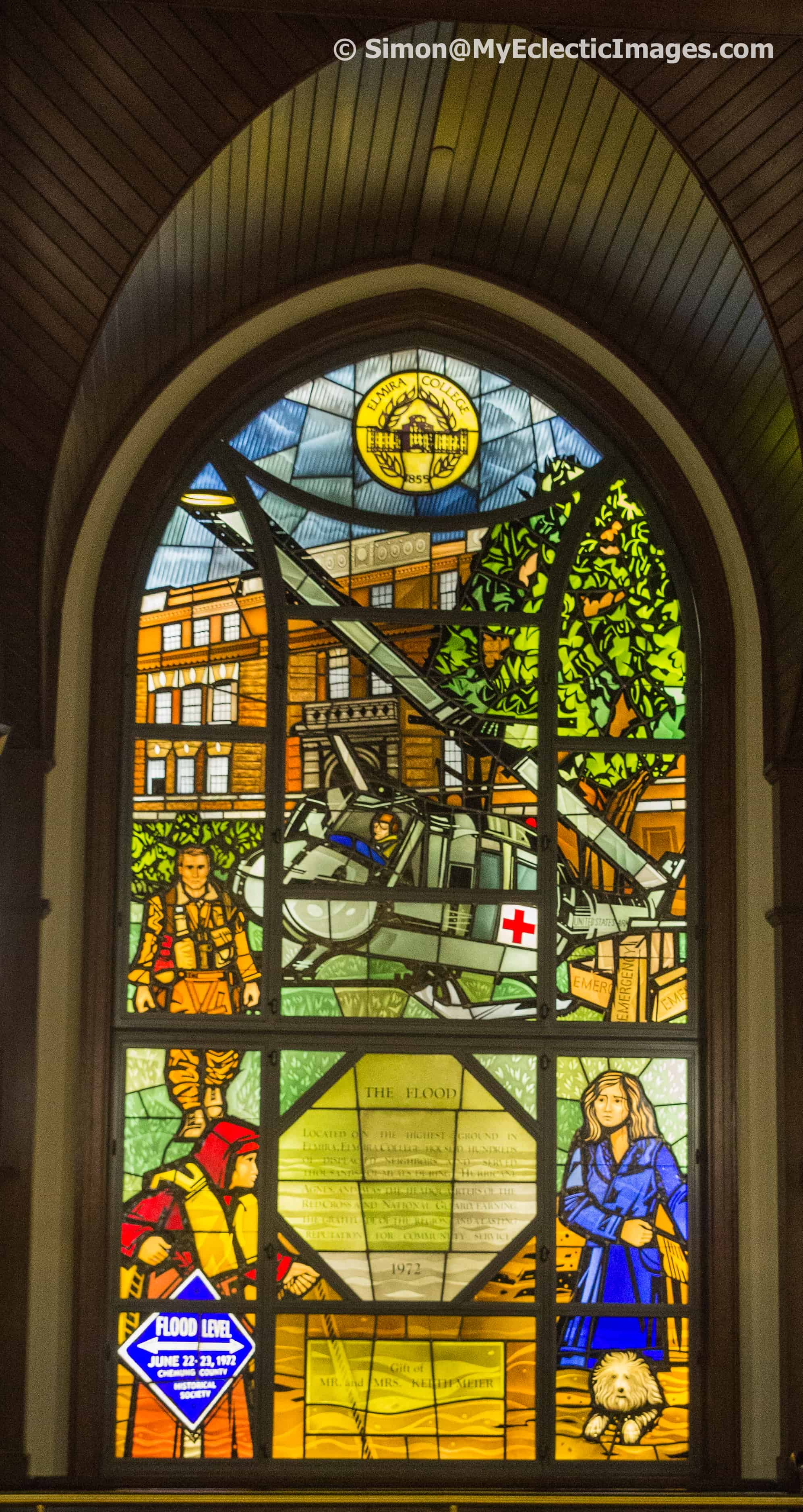 Stained glass depicting the flood of 1972 in Elmira