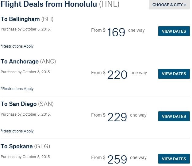 Alaska Airlines Honolulu Fare Sale Oct 2015